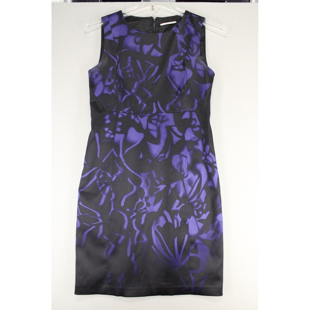 Tahari Sheath Dress Womens 6 Purple Black Abstract Satin Floral Workwear Modern